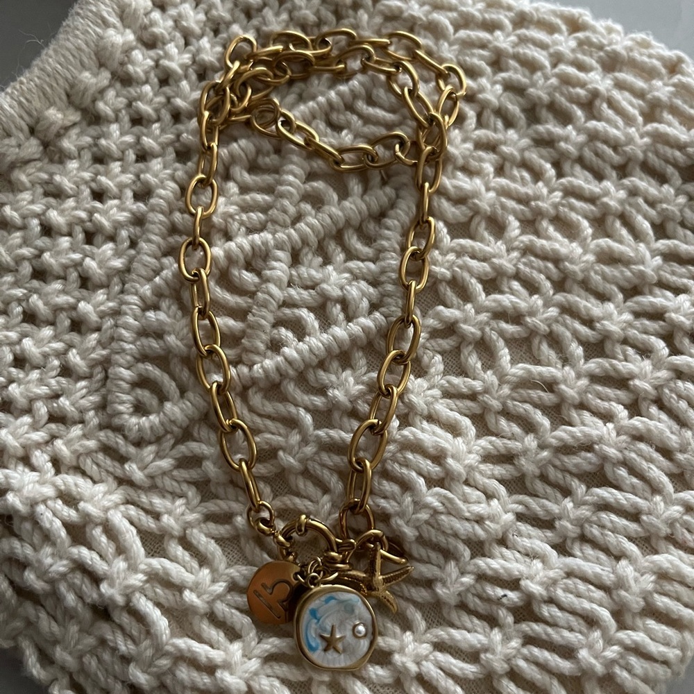 Gold Charm Link Necklace with Blue-White Enamel Pendant